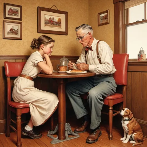 Prompt: Americana, Norman Rockwell, vintage illustration, classic American scene, detailed characters, heartwarming narrative, warm tones, nostalgic ambiance, traditional art style, high quality, classic, detailed storytelling, vintage, nostalgic, heartwarming, traditional, warm lighting