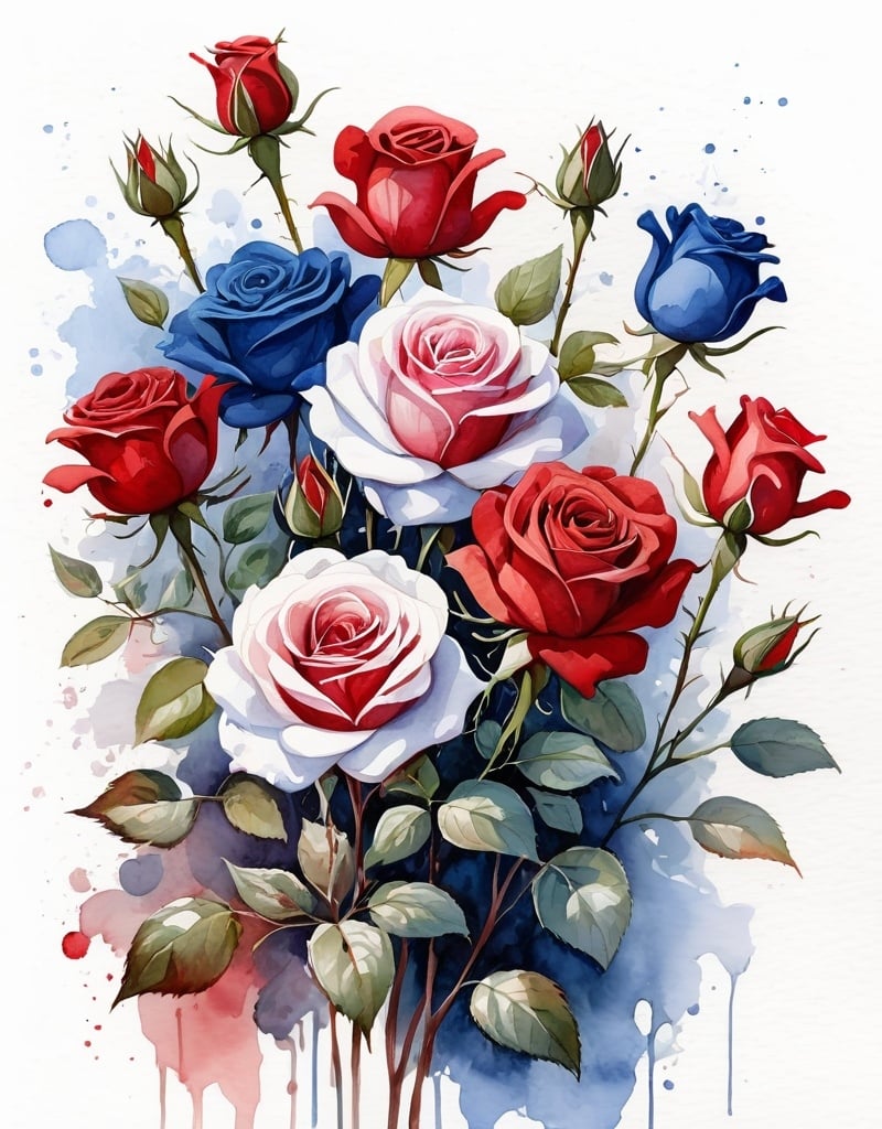 Prompt: watercolor,red, white and blue rose bush