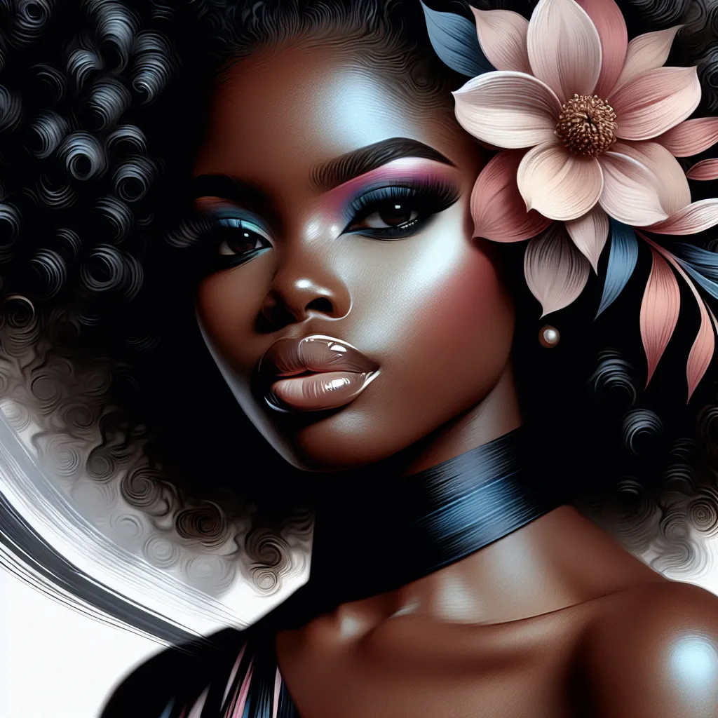 Prompt: a  black woman with a flower in her hair and pretty makeup on her face , Dave Melvin, art photography, fashion photography, an airbrush painting