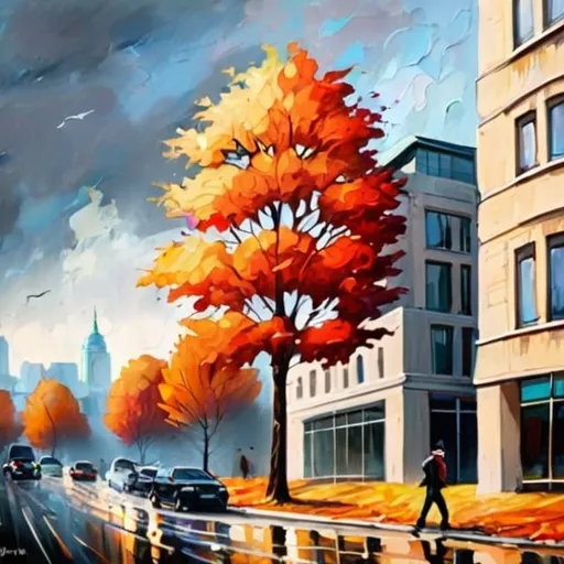 Prompt: expressionism art, cityscape, autumn
