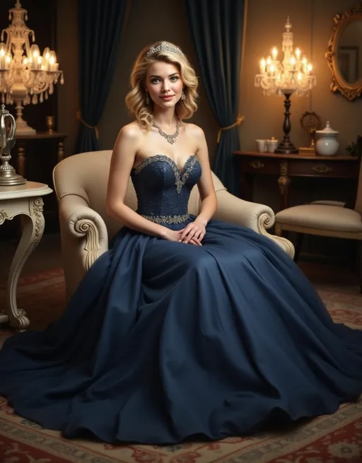 Prompt: Seated gracefully on an ornate beige armchair, a young woman exudes an air of elegance in her stunning navy gown, which features a fitted bodice adorned with intricate embellishments and a flowing skirt that puffs around her. Her hair, styled in soft waves, is complemented by a sparkling tiara and subtle earrings, enhancing her regal presence. The backdrop reveals a lavishly decorated room with warm golden light emanating from elegant chandeliers, casting a romantic ambiance that highlights the rich textures of the furniture and opulent drapes. The intricate rug beneath her adds depth to the scene, while her serene smile suggests confidence and poise, embodying a narrative of sophistication and grace in a timeless setting.