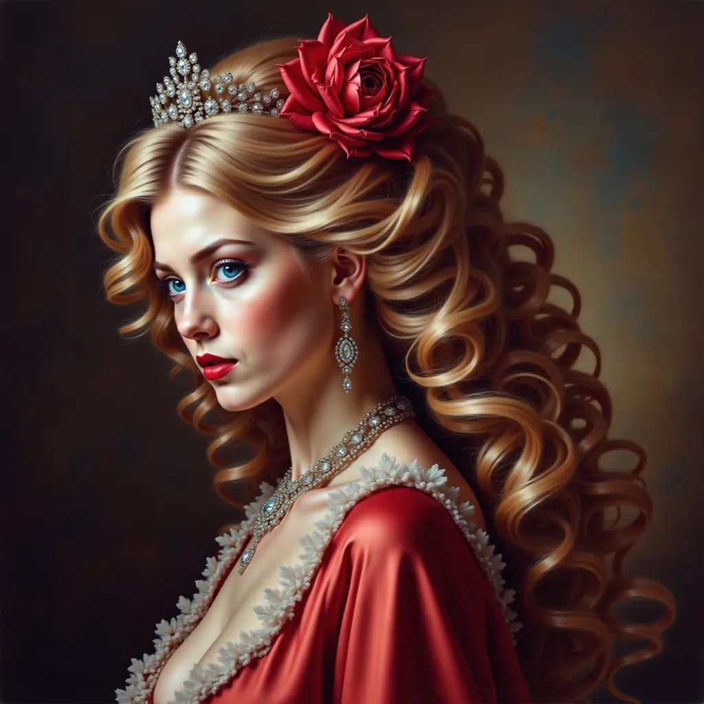 Prompt: a painting of the side view of a woman with long blonde hair wearing a tiara and a red dress with a diamond necklace, Edwin Georgi, figurative art, highly detailed digital painting, a photorealistic painting