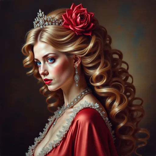 Prompt: a painting of the side view of a woman with long blonde hair wearing a tiara and a red dress with a diamond necklace, Edwin Georgi, figurative art, highly detailed digital painting, a photorealistic painting