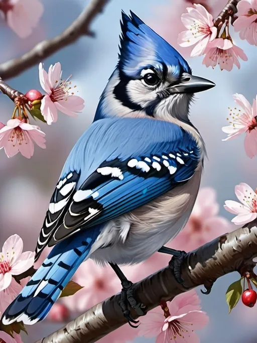Prompt: Bluejay perched on a  cherry blossom branch, realistic digital painting, detailed feathers and vibrant colors, high resolution, realistic style, natural lighting, vibrant colors, detailed feathers, realistic, high quality