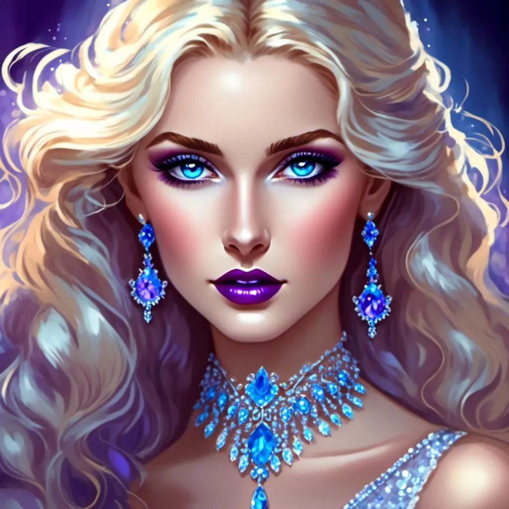 Prompt: <mymodel>Beautiful ethereal woman, long blonde hair,and icy blue eyes color, purple lipstick, facial closeup