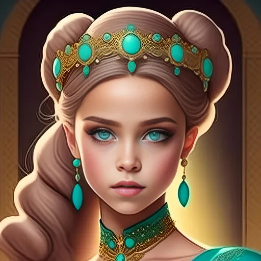 Prompt: <mymodel>ooo bi An extremely gorgeous woman,  with turquoise jewels, in color scheme of turquoise and gold