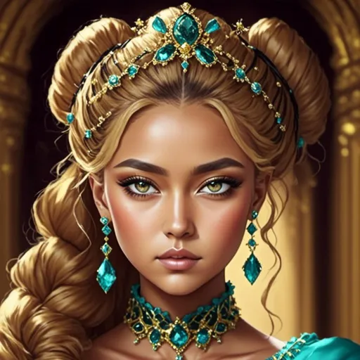 Prompt: <mymodel>ooo bi An extremely gorgeous woman,  with turquoise jewels, in color scheme of turquoise and gold