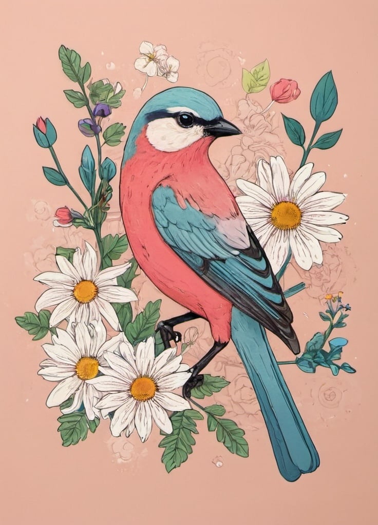 Prompt: bird and flowers