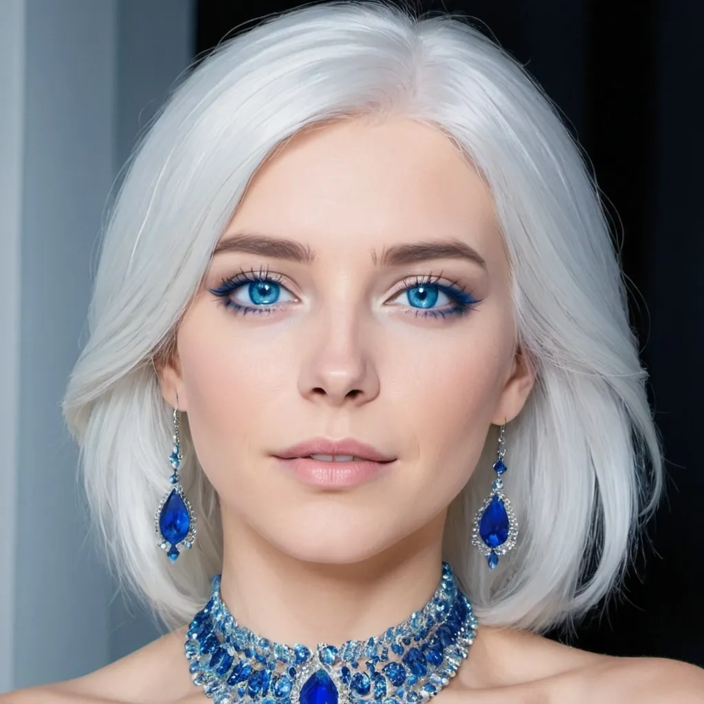 Prompt: A beautiful woman, white hair, blue eyes, blue eyeshadow, blue jewels o