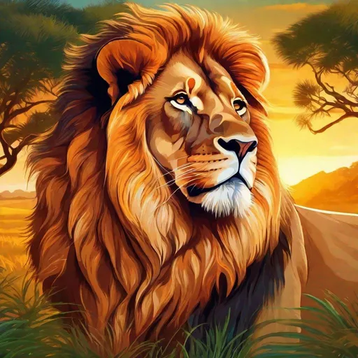 Prompt: Cartoon style illustration of a majestic male lion, radiant sunlight, lush savanna backdrop, vibrant and warm color palette, detailed mane with golden highlights, confident and regal expression, high-quality, detailed fur, cartoon, vibrant colors, detailed mane, savanna landscape, radiant sunlight, confident expression, highres, warm color palette, vibrant, professional lighting