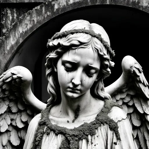 Prompt: Statue of angel crying black and white decaying old moss