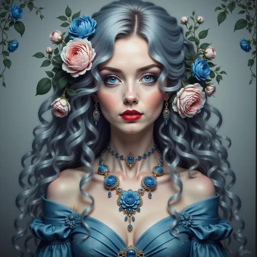 Prompt: a woman with long hair and flowers in her hair, wearing a blue dress and a necklace with roses on it, Anna Dittmann, gothic art, highly detailed digital painting, a detailed painting