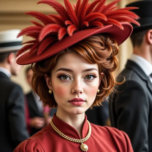 Prompt: <mymodel>fashionable 1st class  female passenger on the Titanic, pale skin, dark styled hair, large lips,  looking sad, facial closeup, vibrant colors, red dress and elaborate hat with feathers