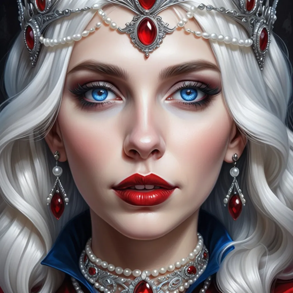 Prompt: a woman with  white hair, blue eyes, a tiara and pearls on her head and a red lip and a blue dress with a red and white collar, Anne Stokes, gothic art, highly detailed digital painting, a detailed painting