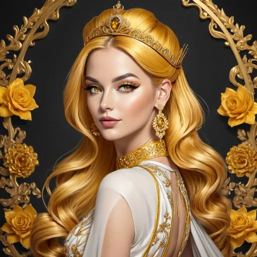 Prompt: <mymodel>Queen bee-A beautiful woman with golden hair arrainged in a top knot behind a gold tiara. Amber colored eyes, gown in colors of yellow and black, facial closeup