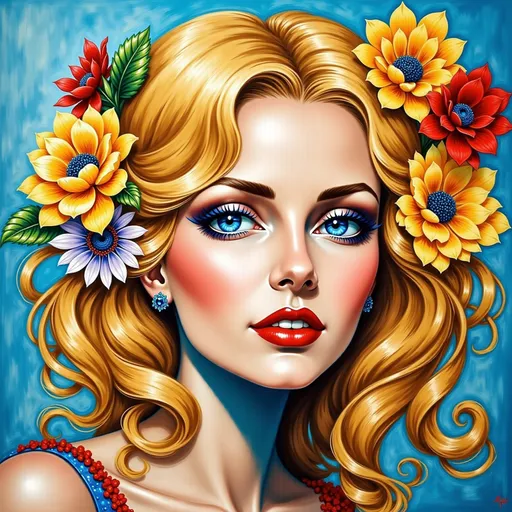 Prompt: a painting of a woman with blue eyes and yellow hair and flowers in her hair and a blue background, Elizabeth Murray, fauvism, saturated colors, a pop art painting