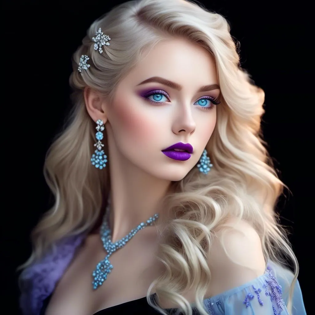 Prompt: <mymodel>Beautiful ethereal woman, long blonde hair,and icy blue eyes color, purple lipstick, facial closeup