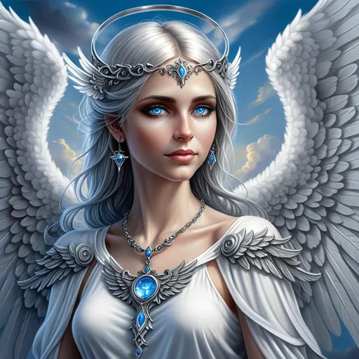 Prompt: an enthereal angel with blue eyes and a necklace and silver wings on her back, with a sky background, Anne Stokes, fantasy art, highly detailed digital painting, a detailed painting