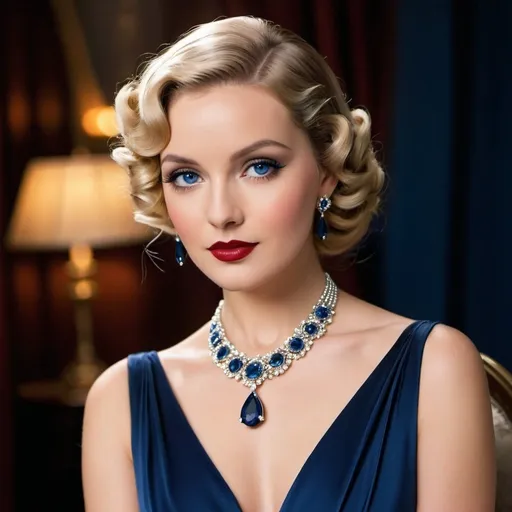 Prompt: <mymodel>Glamorously dressed 1930's lady, sapphire jewelry, blue eyes, vintage glam, luxurious satin gown, elegant updo hairstyle, detailed facial features, high-quality, vintage, glamorous, detailed sapphire jewelry, sophisticated makeup, atmospheric lighting, deep blue color tones, classic Hollywood style