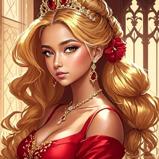 Prompt: <mymodel>High-quality digital painting of a teenage princess with blonde hair in a bun, ruby jewelry, wearing a stunning red dress, big pretty eyes, royal ambiance, detailed fabric textures, elegant crown, soft lighting, warm tones, professional, regal, detailed eyes, royal gown, digital painting, warm lighting, late teens, blonde bun hairstyle, royal ambiance