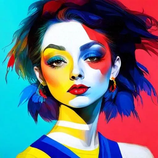 Prompt: A woman all in primary colors, pretty makeup