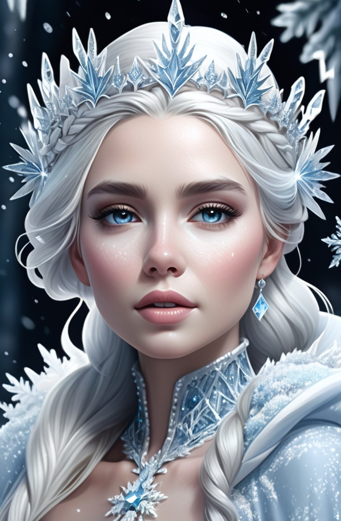 Prompt: (ice queen), ethereal beauty, glistening ice crystals, flowing icy gown, detailed ornate crown, frosty blue and silver tones, sparkling snowflakes in the air, majestic winter landscape, enchanting atmosphere, bright white light contrasts with cool shades, high detail, ultra-detailed, 4K quality, captivating and magical ambiance.