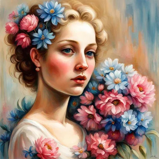 Prompt: Lady with pink and blue flowers