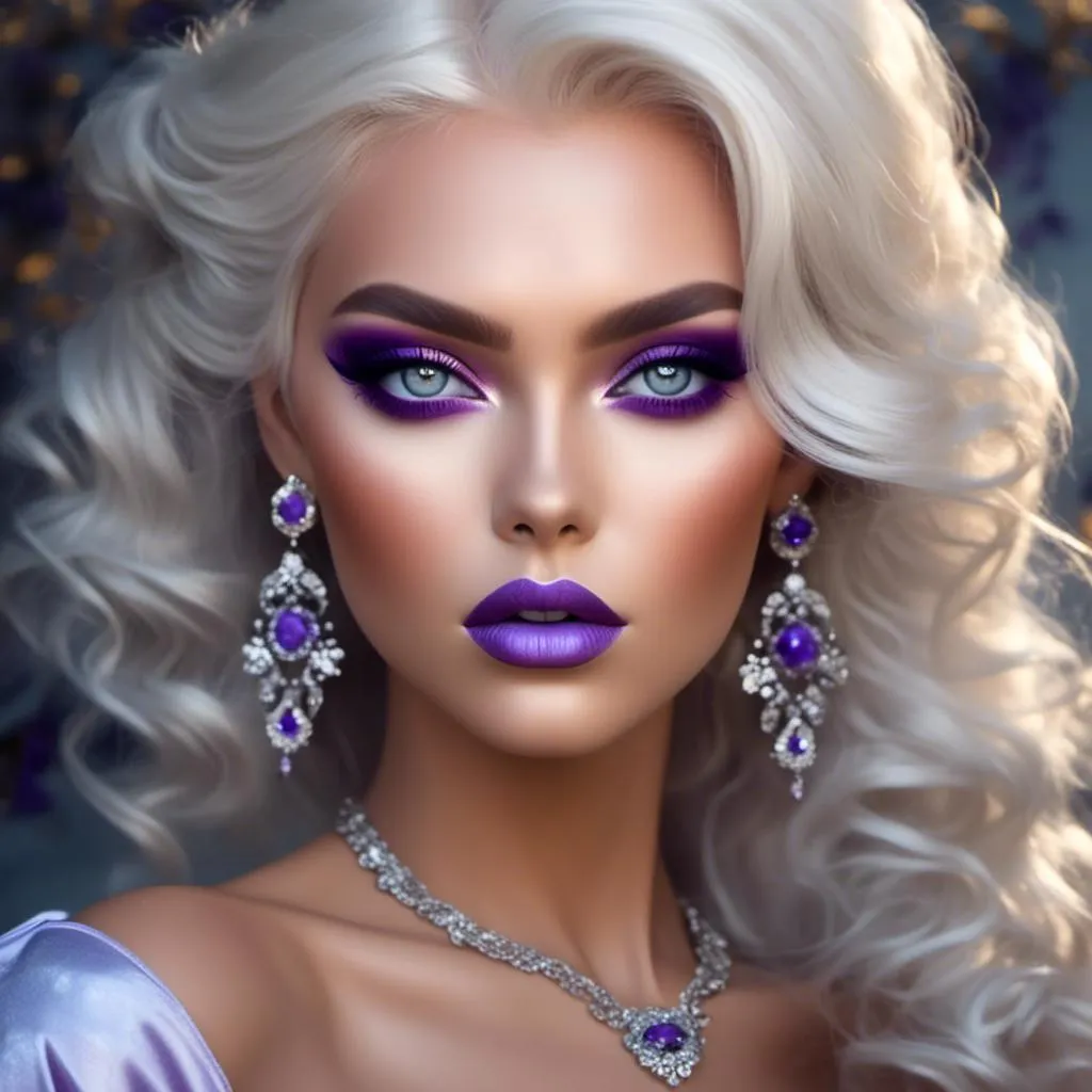 Prompt: <mymodel>Hypnotic bimbo  platinum  blonde   gold lips and purple eyeshadow 