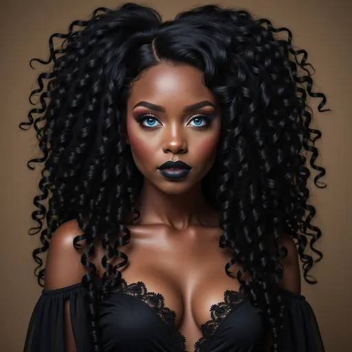 Prompt: a black woman with  long curly and a tiara and a black dress on her head and a black lip and a black dress on her body, Chinwe Chukwuogo-Roy, gothic art, beautiful detailed, a character portrait