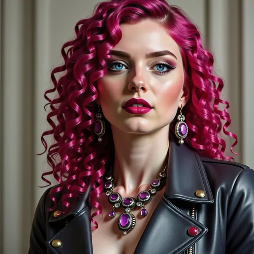 Prompt: a woman with bright pink hair and purple makeup is wearing a necklace and earrings with jewels on it and a necklace with a drop, Elina Karimova, synchromism, pink, a stock photo