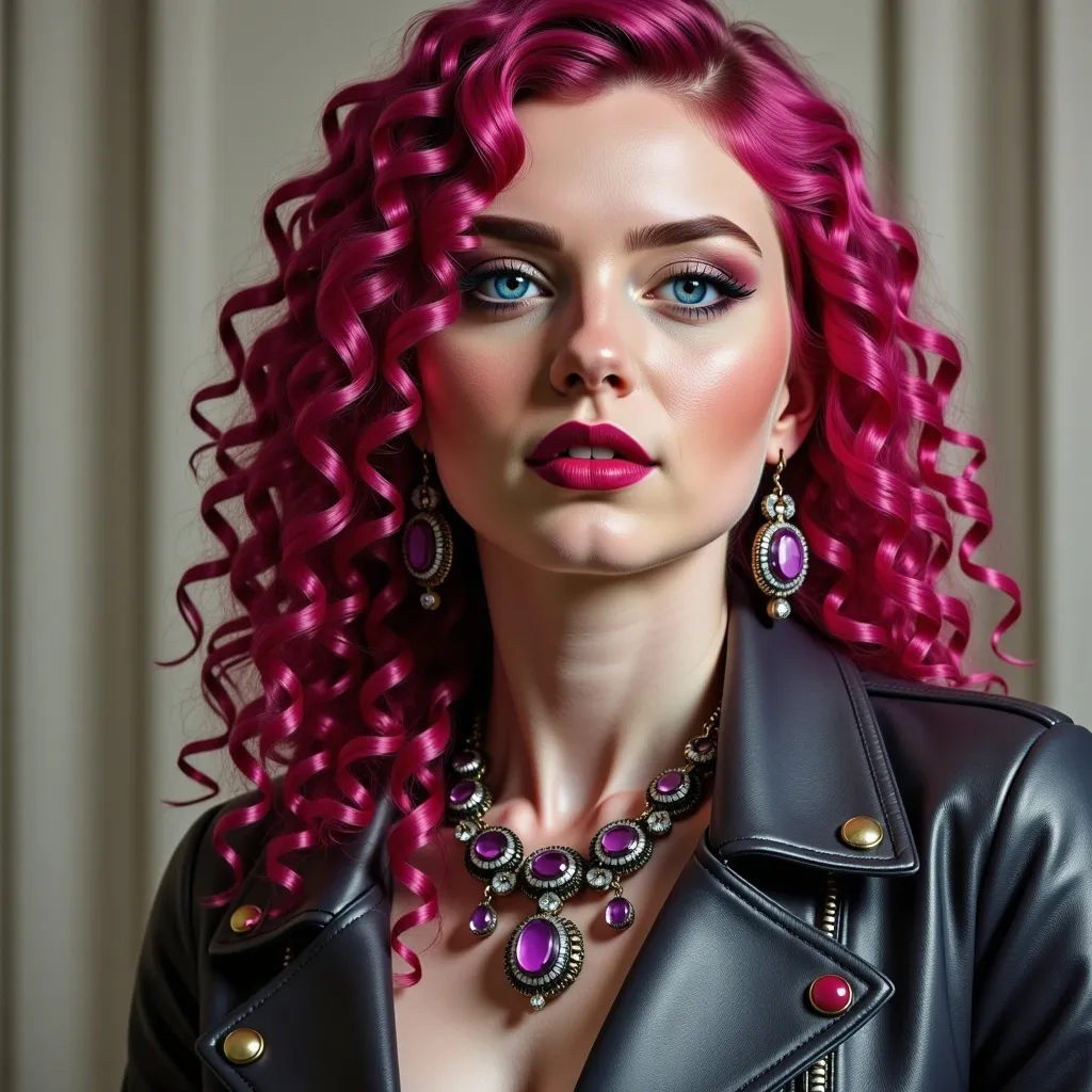 Prompt: a woman with bright pink hair and purple makeup is wearing a necklace and earrings with jewels on it and a necklace with a drop, Elina Karimova, synchromism, pink, a stock photo