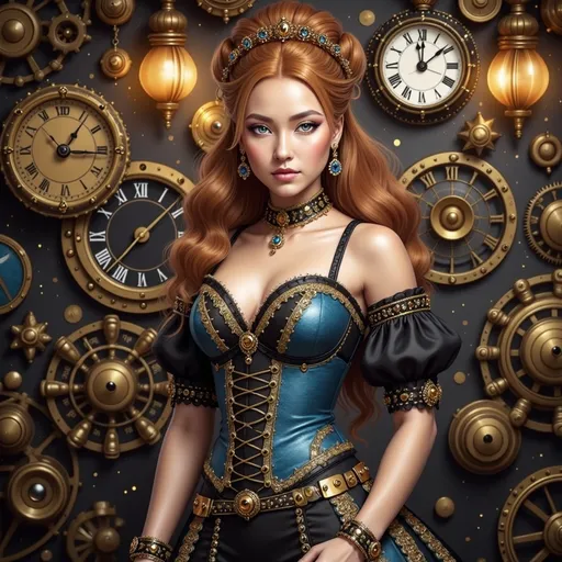 Prompt: In a striking steampunk scene, a young woman stands confidently at the forefront, her long, flowing auburn hair contrasting beautifully against her intricate attire. She dons a corset adorned with elegant patterns and rich blues, complemented by voluminous black sleeves that accentuate her silhouette. Behind her, an elaborate backdrop of brass gears and clocks adds depth, with warm, ambient lighting illuminating her face and highlighting her bright blue eyes. The vintage aesthetic merges with a sense of adventure, evoking a mood of mystery and innovation, as she gazes with an expression of determination and allure. The overall composition creates a captivating narrative of a character poised at the intersection of fantasy and technology.