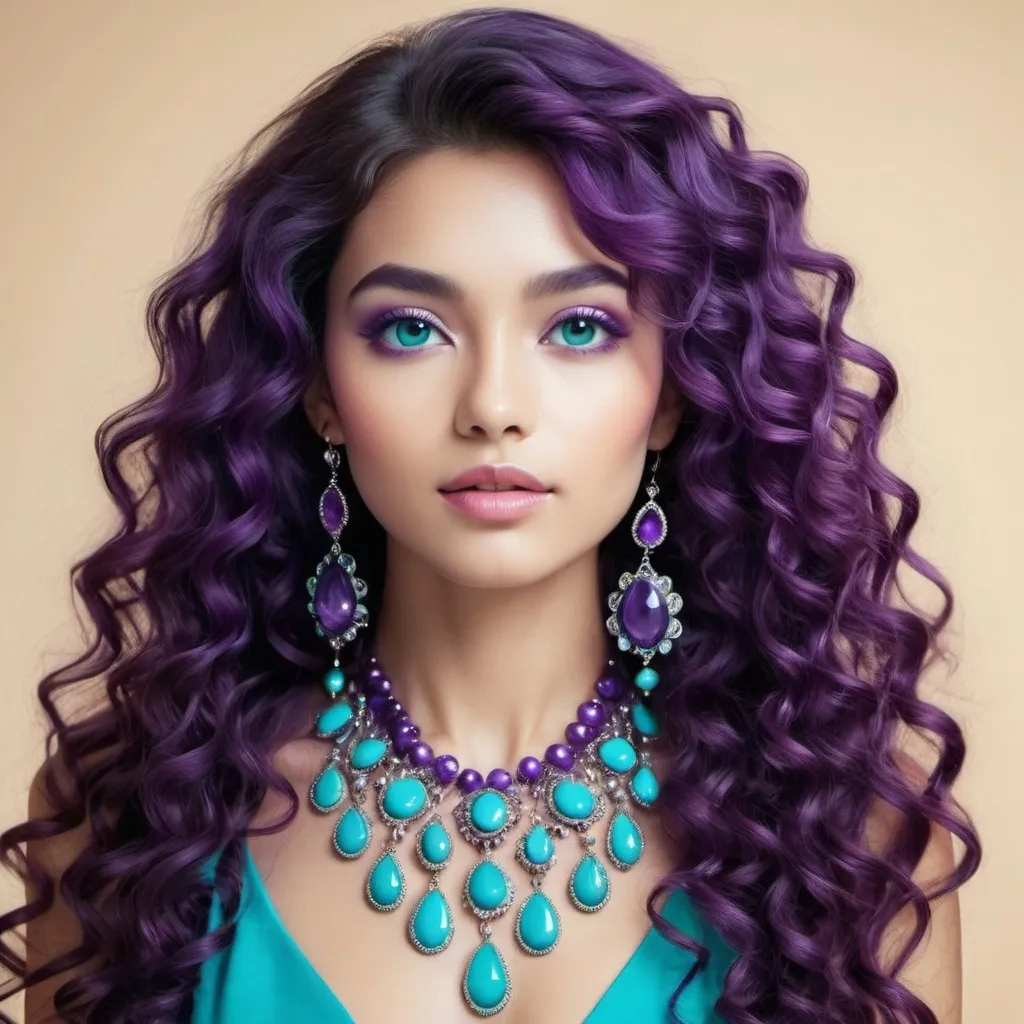 Prompt: <mymodel>An extremely gorgeous woman,  with turquoise jewels, in color scheme of purple, long curly hair