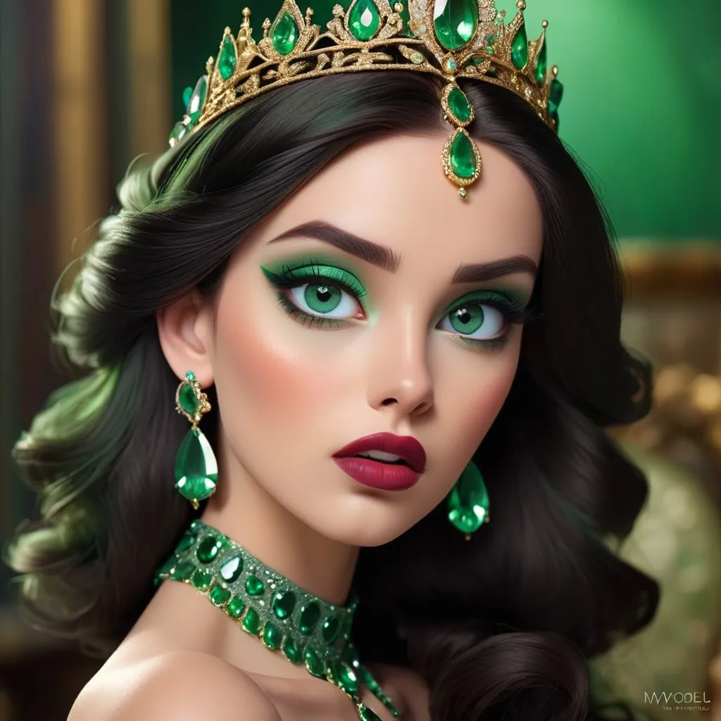 Prompt: <mymodel>an emerald lady, feminine elegant princess ,  dark hair, large green eyes, wearing jewels in her hair,  beautiful makeup, green eyeshadow eyeshow natural color lipsticklipstick, facial closeup