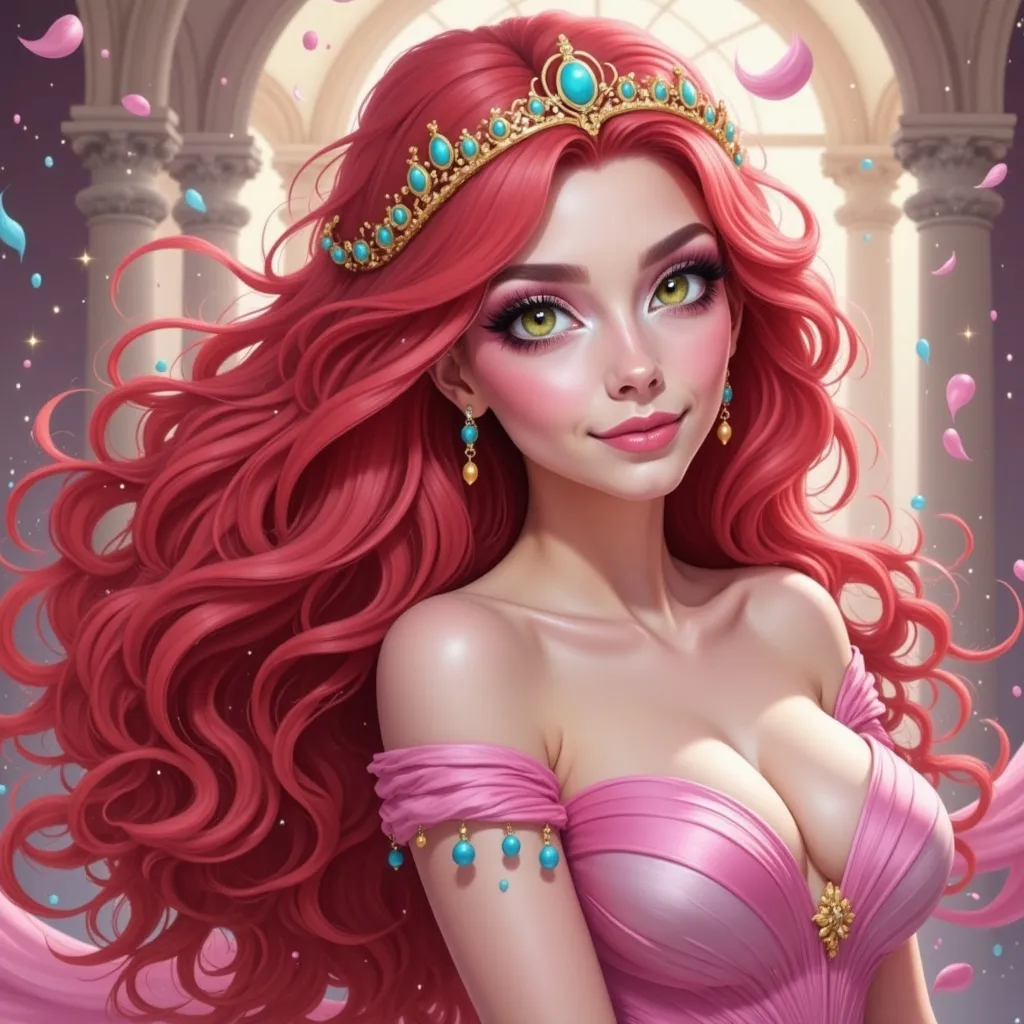 Prompt: a cartoon girl with long red hair and a pink dress with a tiara on her head and a pink dress with a pink dress on, Artgerm, fantasy art, rossdraws global illumination, an ultrafine detailed painting