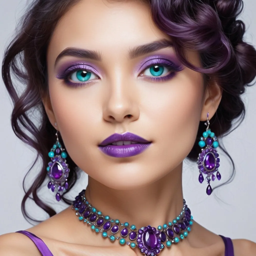 Prompt: <mymodel>An extremely gorgeous woman,  with turquoise jewels, in color scheme of purple, long curly hair