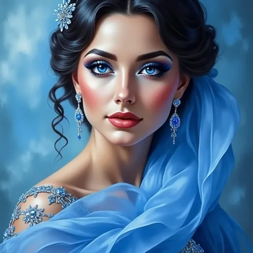 Prompt: (A woman all in blue), striking blue eyes, glamorous makeup, gently flowing blue attire, soft textures, (vibrant cool tones), alluring pose, intricate hairstyle, subtle highlights, (elegant ambiance), dreamy atmospheric background with gentle lighting, high detail, artfully capturing the elegance and beauty, showcasing depth and character, (ultra-detailed HD).