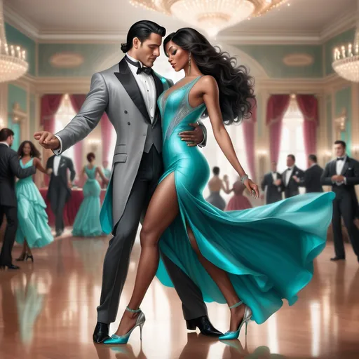 Prompt: A handsome Latino man in a grey tuxedo with slick black hair dancing with a beautiful black woman with long brown hair,  turquoise dress and silver heels in a Victorian style ballroom happily realistic 