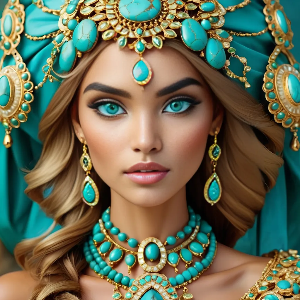 Prompt: <mymodel>ooo bi An extremely gorgeous woman,  with turquoise jewels, in color scheme of turquoise and gold