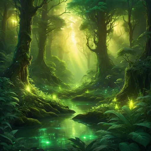 Prompt: Vibrant digital art of a lush forest, rich green tones, glowing magical elements, fantasy landscape, high quality, ultra-detailed, digital painting, ethereal, vibrant green, magical, fantasy, mystical glow, enchanted forest, atmospheric lighting