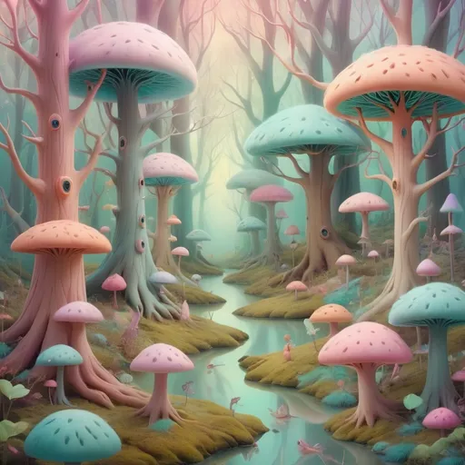 Prompt: Surrealism illustration of a dreamy forest, vibrant and pastel colors, whimsical creatures in the trees, surreal fantasy setting, soft and ethereal lighting, high quality, surrealism, dreamy, vibrant colors, pastel tones, whimsical creatures, forest setting, ethereal lighting