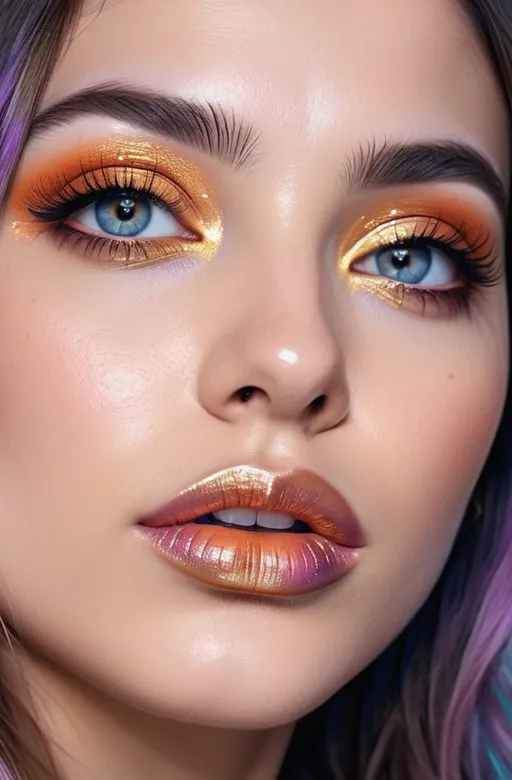 Prompt: spring in her eyes, surrealistic pop art, artistic pinterest aesthetic, fierce sensual goddess, petite, long shiny hair, rosy cheeks, glistening skin, plump lips, velvety lipstick, magical surrealism, lilac blue pink cream orange gold bright vivid gradient colors, cinematic, focus on the eyes, high contrast, highly detailed, crisp,