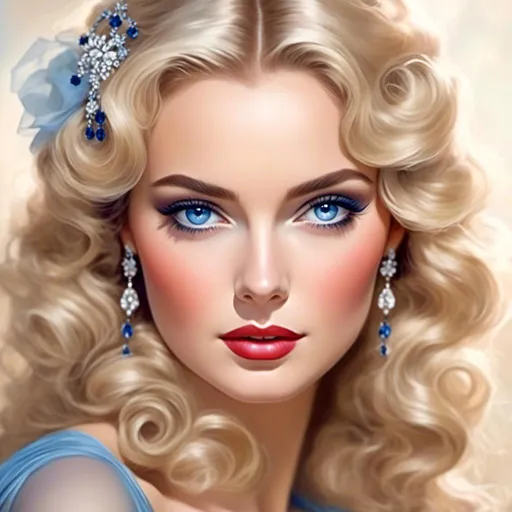 Prompt: <mymodel>Glamorously dressed 1930's lady, sapphire jewelry, blue eyes, vintage glam, luxurious satin gown, elegant updo hairstyle, detailed facial features, high-quality, vintage, glamorous, detailed sapphire jewelry, sophisticated makeup, atmospheric lighting, deep blue color tones, classic Hollywood style