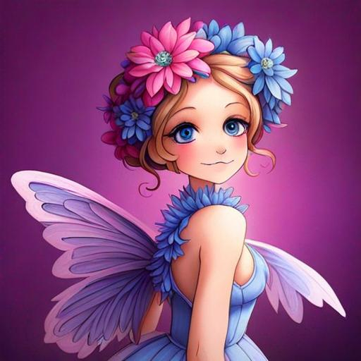 Prompt: purple, pink and blue flower fairy