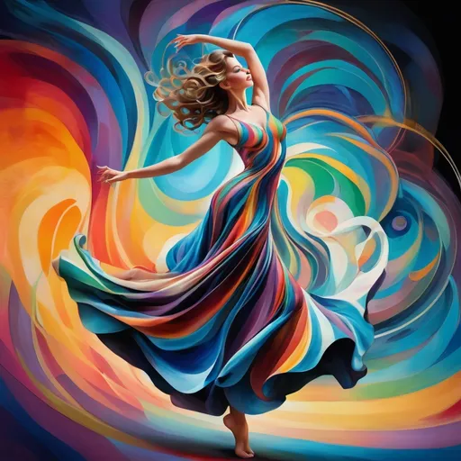 Prompt: <mymodel> a woman in a multicolored dress is dancing with a swirly background and a circular design behind her,, Fabien Charuau, arabesque, highly detailed digital painting, an airbrush painting