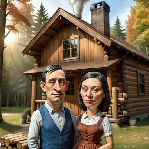 Prompt: The American Gothic couple in a scene of a cozy wooden cabin in the serene woods, warm and natural tones, traditional log cabin style, detailed wood grain, smoke gently rising from the chimney, dappled sunlight filtering through the trees, highres, ultra-detailed, realistic, cozy, natural, traditional, serene, detailed wood texture, warm lighting