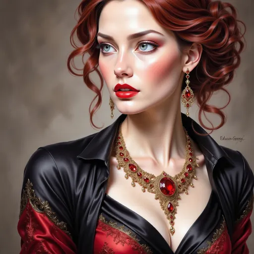 Prompt: a woman with a necklace and earrings on her neck and a red lip and a black dress on her chest, Edwin Georgi, gothic art, highly detailed digital painting, a photorealistic painting