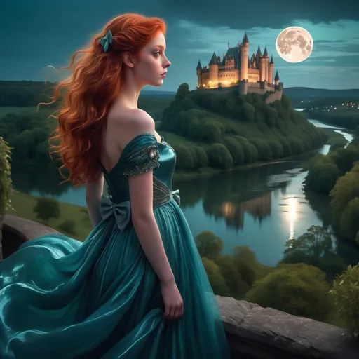 Prompt: Bathed in the glow of a luminous full moon, a young woman with flowing red hair stands gracefully, gazing over a serene landscape. She wears a stunning teal gown adorned with shimmering embellishments and a delicate bow at the waist, enhancing her regal appearance. In the background, a majestic castle rises dramatically on a hill, surrounded by lush greenery and a winding river that reflects the night sky. Vibrant roses bloom at her feet, adding bursts of color to the enchanting scene, which exudes a sense of wonder and serene beauty, transporting the viewer to a fairy-tale realm.