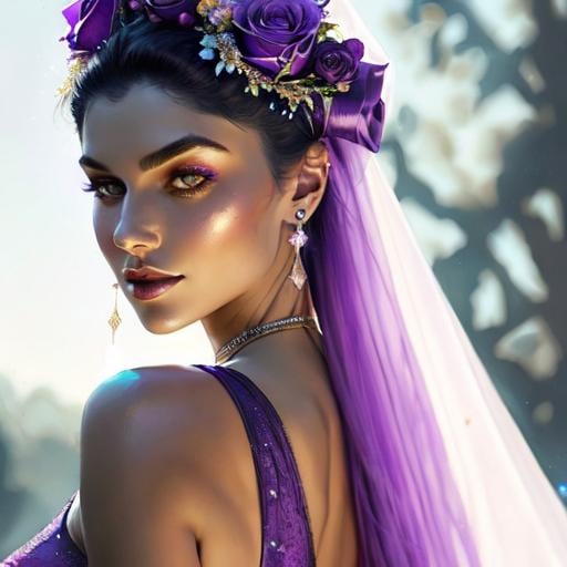 Prompt: Cosmic Epic Beauty, Beautiful and Gorgeous, purple roses in hair