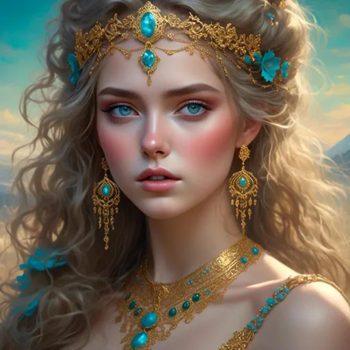 Prompt: <mymodel> A beautiful woman adorned in gold and tuquoise